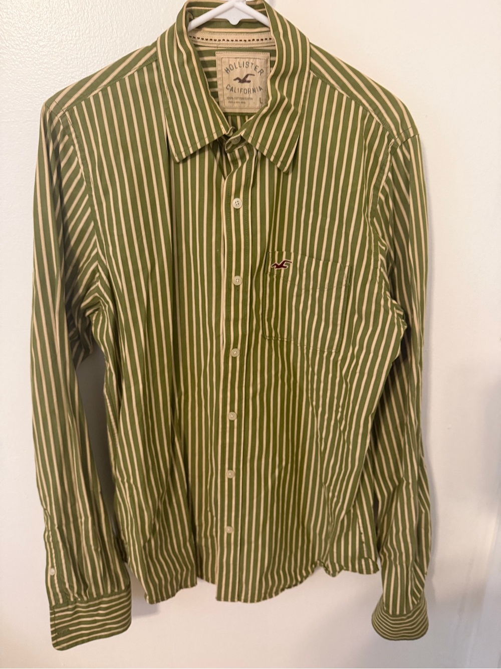 Hollister Olive & White Vertical Stripe Button-Down Shirt